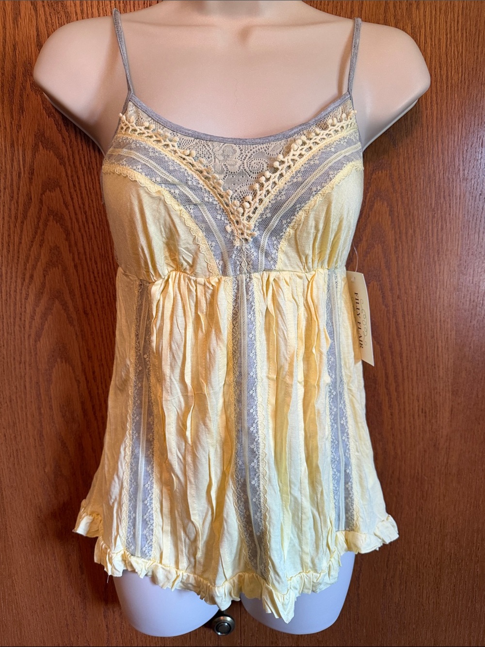 Filly Flair Yellow Camisole Top with Light Grey Lace Trim